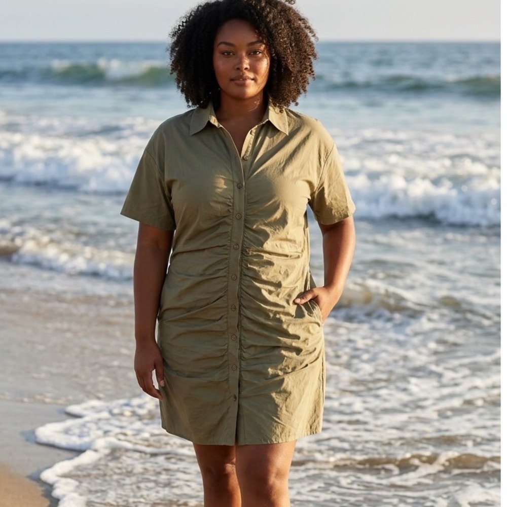 And Now This Olive Green Ruched Button Front Shirt Dress Plus Size 0X NEW Earthy